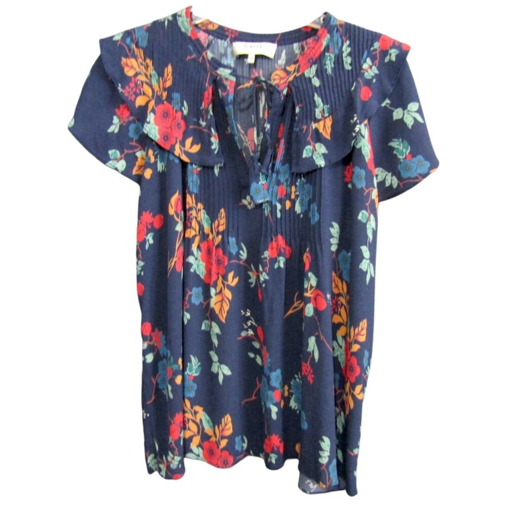Sea New York Navy Blue Floral Top Size 10 Tie Front Pleated Ruffle Short Sleeve